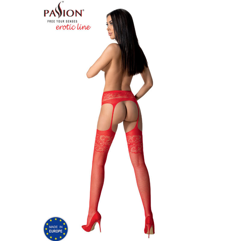 Collant porte-jarretelles rouge Passion porte de dos par modele nue, fesses visibles, bandes dentelle aux cuisses et bas resille, talons hauts rouges.