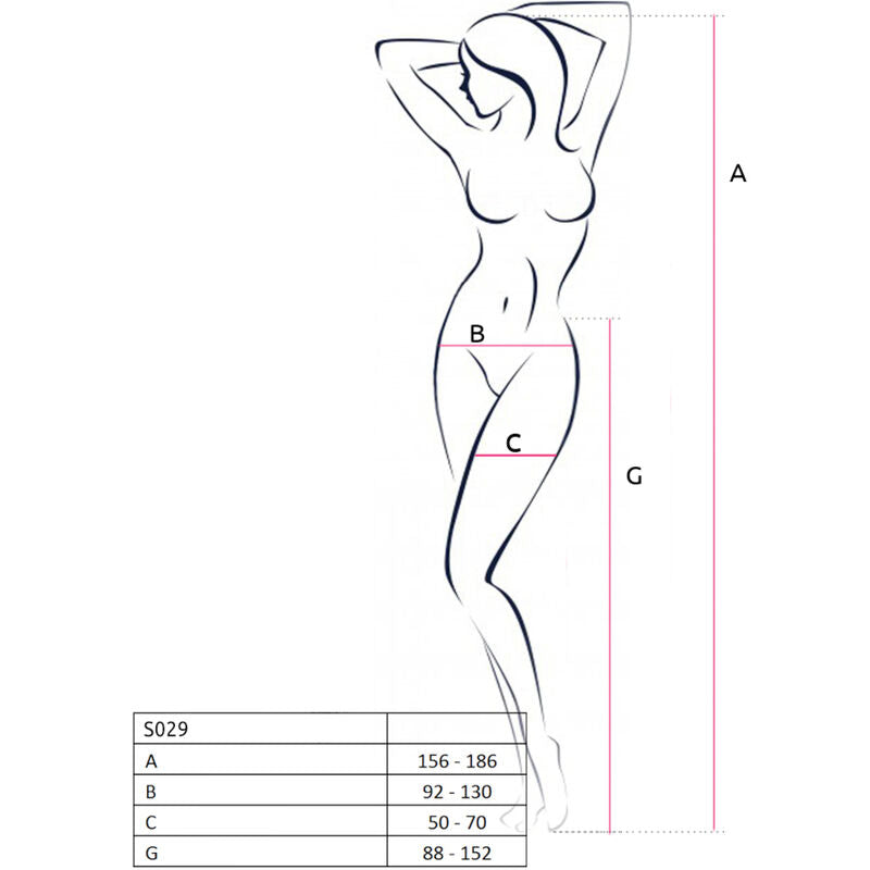 Schema technique S029 du collant rouge Passion, silhouette feminine nue dessinee au trait avec cotes A B C G et tableau de tailles 156-186 cm.