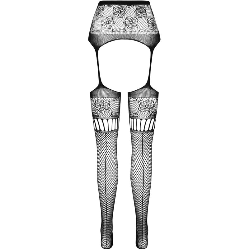 Faux collant jarretelles noir Passion vu a plat, panneaux dentelle florale aux cuisses, motifs rayes et resille fine, taille unique europeenne.