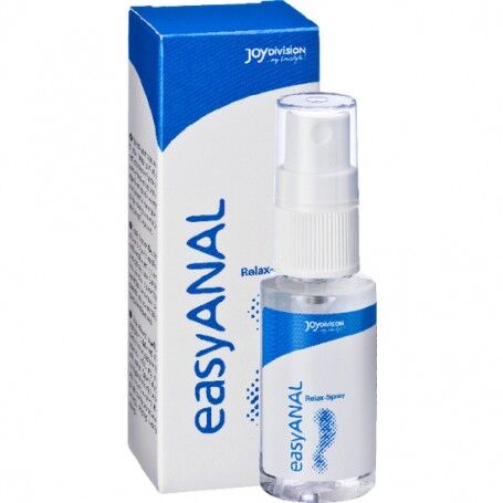 Boite et flacon easyANAL Relax-Spray Joydivision, design bleu et blanc, spray relaxant anal compatible preservatifs pour debuter et explorer l anal en douceur