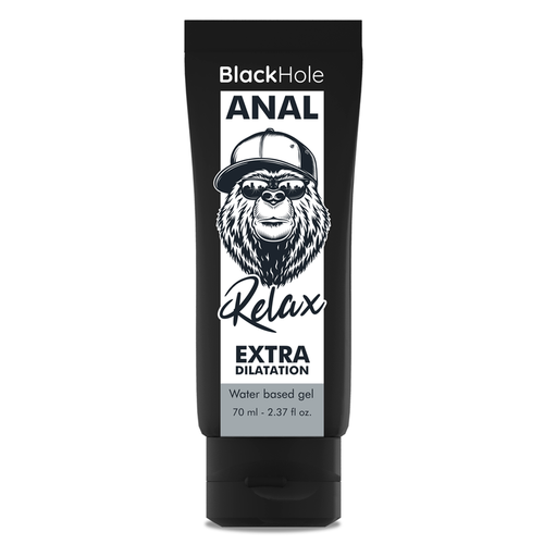 Tube de gel lubrifiant anal Black Hole Relax Extra Dilatation base eau 70 ml de face, packaging noir au logo gorille casquette, packshot fond blanc
