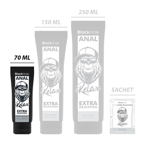 Gamme de gels lubrifiants anaux Black Hole Relax base eau en tubes 70, 150 et 250 ml avec dosette sachet, comparatif des formats au logo gorille