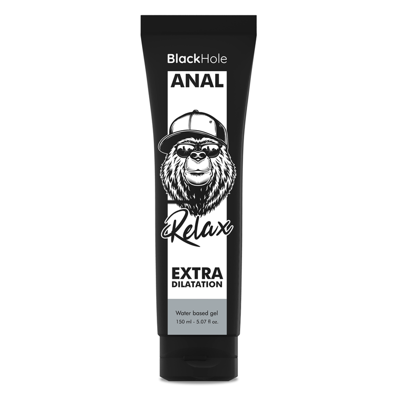 Tube de gel lubrifiant anal Black Hole Relax Extra Dilatation base eau de face sur fond blanc, packaging noir au logo gorille casquette
