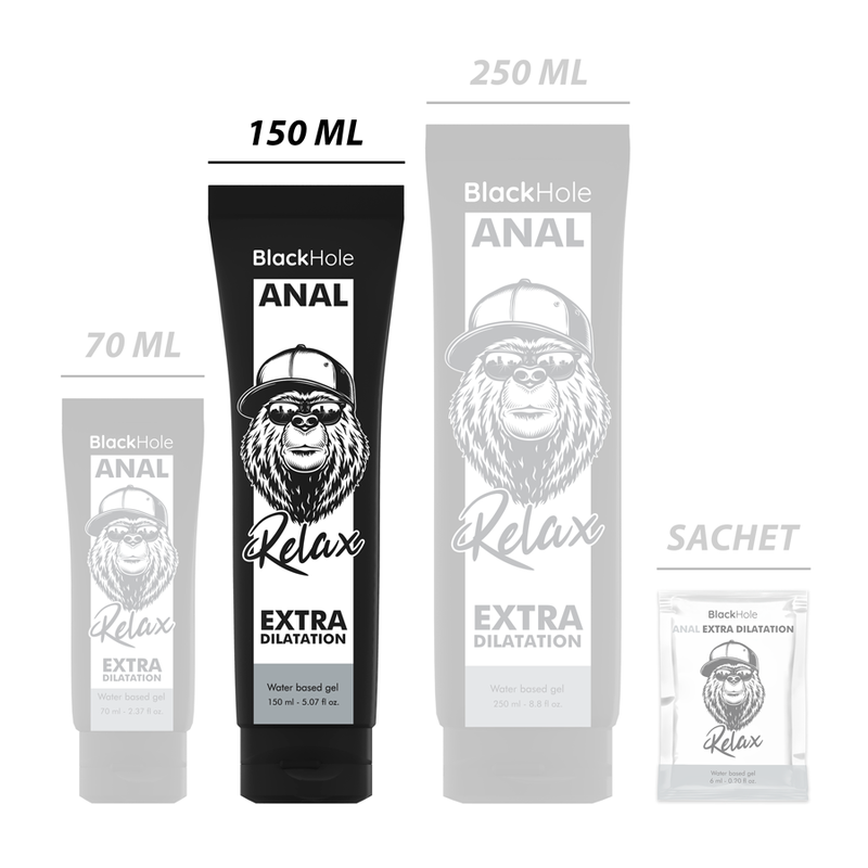 Gamme de tubes de gel lubrifiant anal Black Hole Relax base eau 70, 150 et 250 ml avec dosette sachet, comparatif des formats au logo gorille