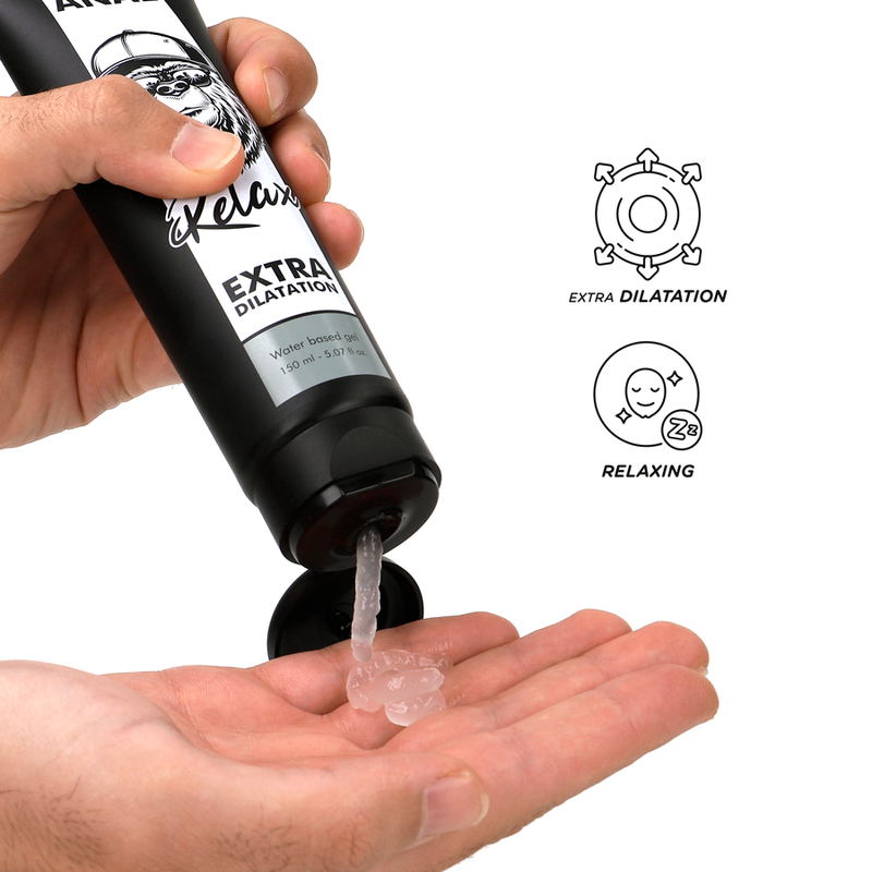 Tube de gel lubrifiant anal Black Hole presse au-dessus de la paume, gel glissant base eau qui s'ecoule, pictogrammes extra dilatation et relaxing