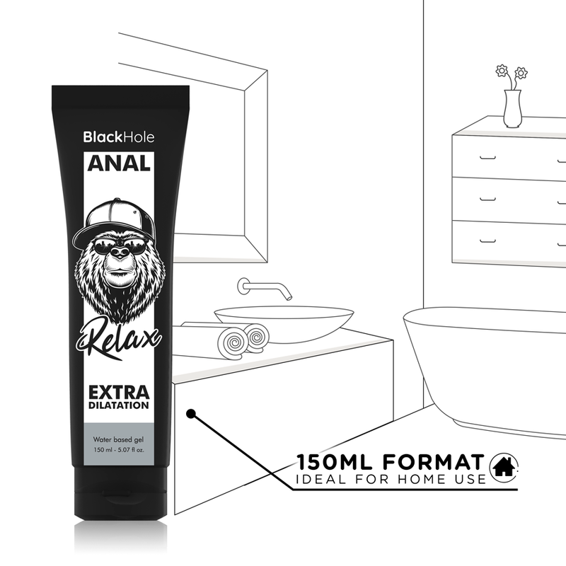 Tube de gel lubrifiant anal Black Hole Relax 150 ml mis en scene dans une salle de bain illustree, mention 150ml Format Ideal For Home Use