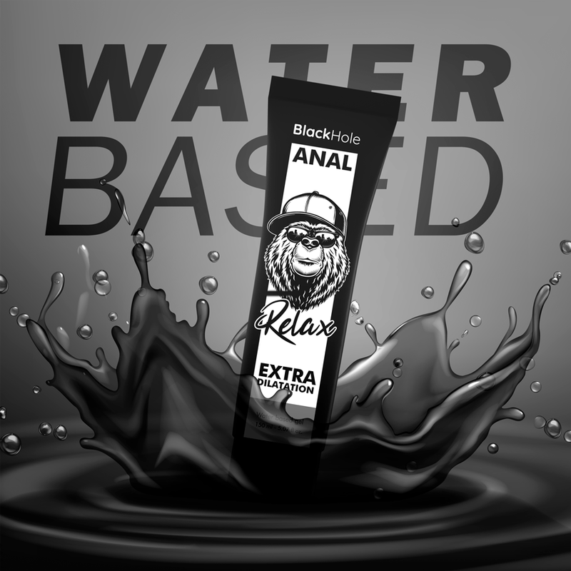 Tube de gel lubrifiant anal Black Hole Relax base eau debout sur eclaboussure noire, mention Water Based de la formule extra dilatation au logo gorille