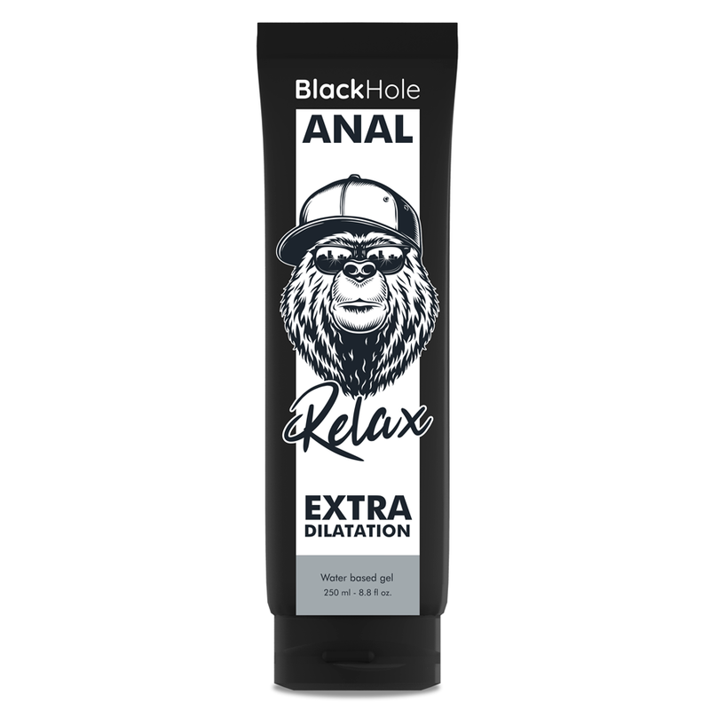 Tube de gel lubrifiant anal Black Hole Relax Extra Dilatation base eau de face, gros plan packaging noir au logo gorille casquette sur fond blanc