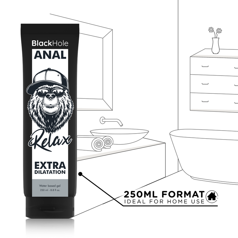 Tube de gel lubrifiant anal Black Hole Relax 250 ml mis en scene dans une salle de bain illustree, mention 250ml Format Ideal For Home Use