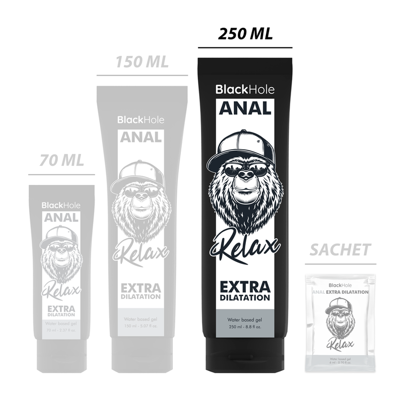 Gamme de tubes de gel lubrifiant anal Black Hole Relax base eau 70, 150 et 250 ml avec dosette, comparatif des formats au logo gorille casquette