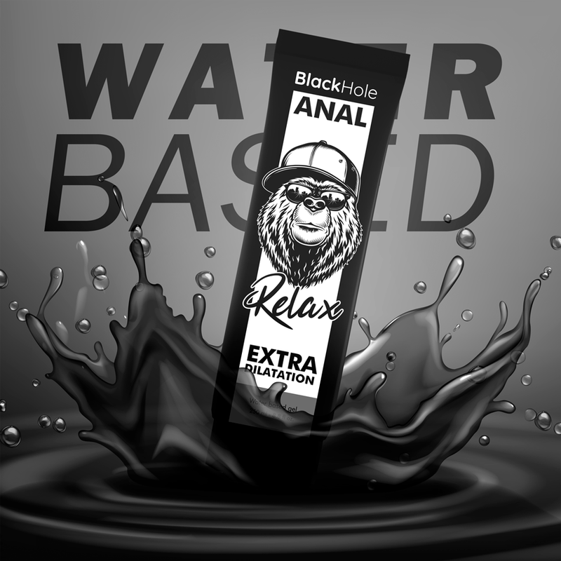 Tube de gel lubrifiant anal Black Hole Relax base eau sur eclaboussure noire, mention Water Based de la formule extra dilatation au logo gorille