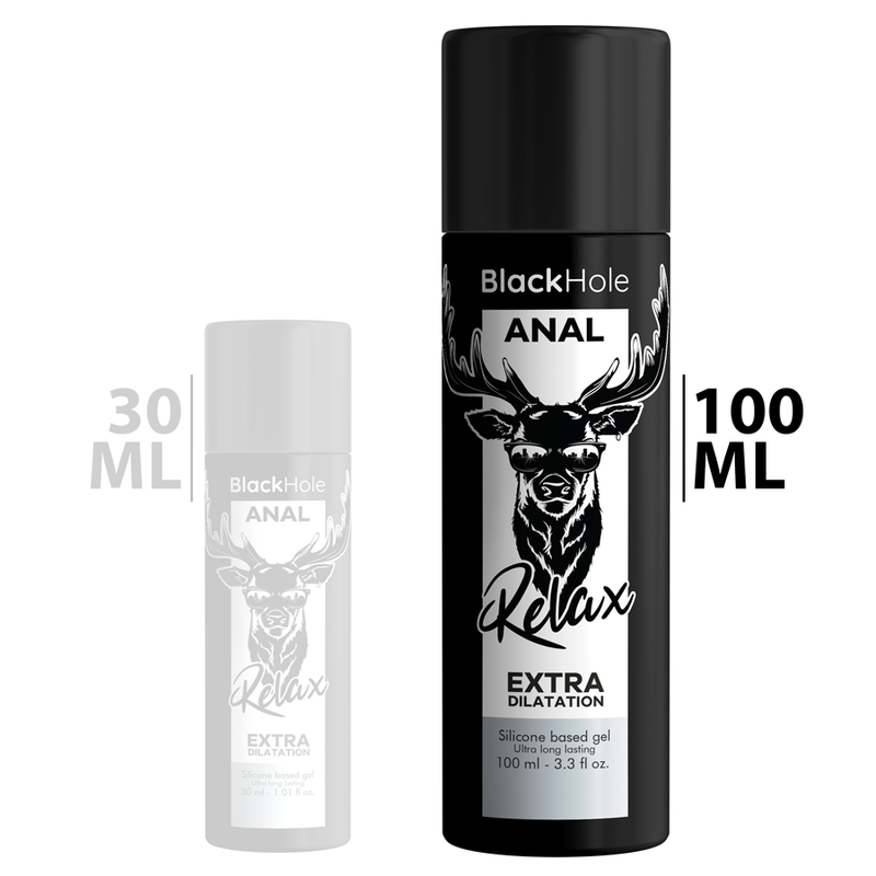 Gel anal Black Hole Relax Extra Dilatation base silicone, comparatif des flacons 30 ml et 100 ml au logo cerf, glisse longue tenue Extra Dilatation
