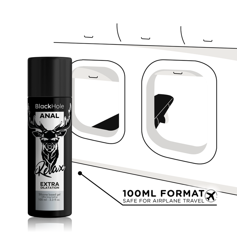 Gel anal Black Hole Relax base silicone 100 ml mis en avant pour le voyage, illustration hublots avion et mention 100ml Format Safe For Airplane Travel