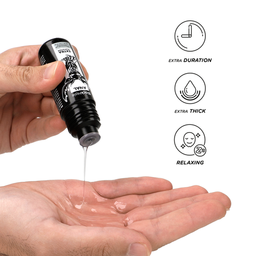 Flacon de gel anal Black Hole Relax base silicone verse dans la paume, texture epaisse glissante, pictogrammes extra duration extra thick et relaxing
