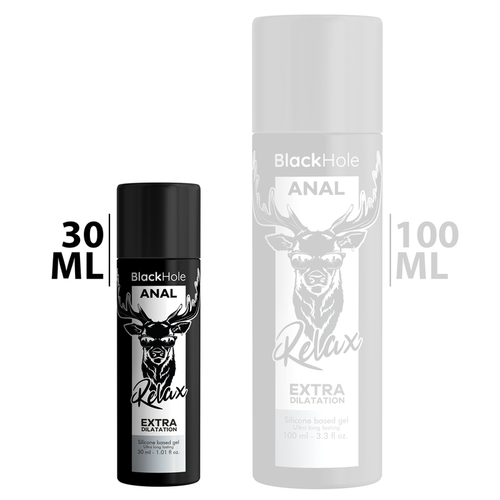 Gel anal Black Hole Relax Extra Dilatation base silicone, comparatif des flacons 30 ml et 100 ml au logo cerf, formule longue tenue Extra Dilatation