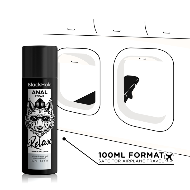 Lubrifiant anal Black Hole Relax 100 ml mis en avant pour le voyage, illustration hublots avion et mention 100ml Format Safe For Airplane Travel