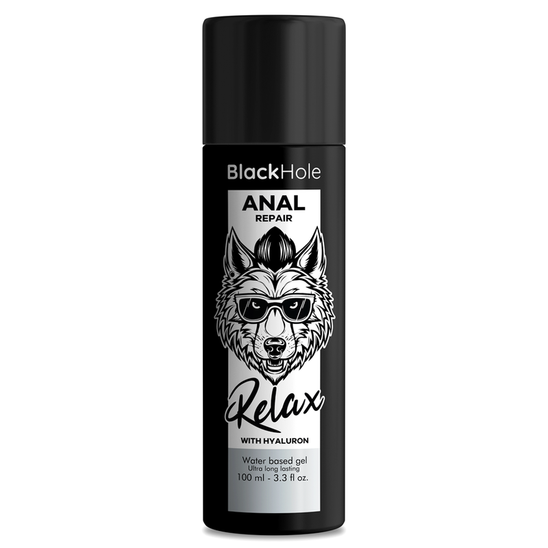Flacon de lubrifiant anal Black Hole Relax 100 ml vu de face