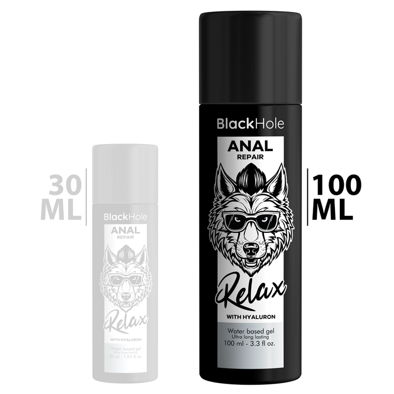 Lubrifiant anal Black Hole Relax a l'acide hyaluronique, comparatif des flacons 30 ml et 100 ml au logo loup a lunettes, base eau longue tenue Anal Repair
