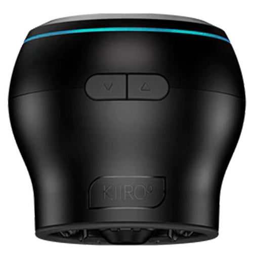 Module d'aspiration interactif Powerblow noir en silicone, base evasee a boutons et liseret bleu, accessoire de succion pilotable par appli qui se fixe sur un masturbateur compatible.