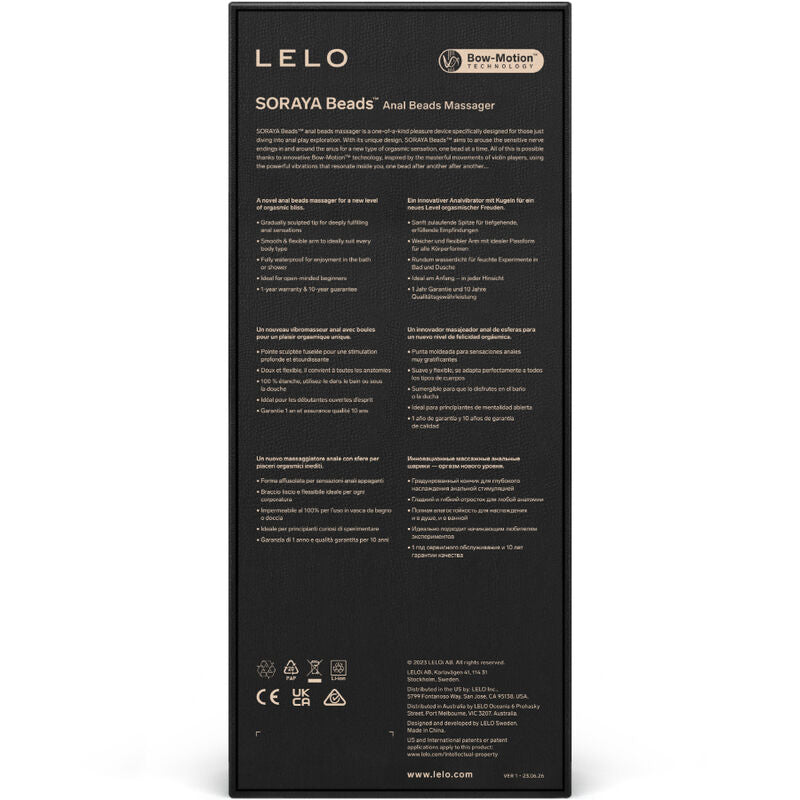 Verso de la boite du Soraya Beads de Lelo detaillant le chapelet anal, sextoy a perles en silicone doux de taille croissante a technologie Sense-Motion et pulsation