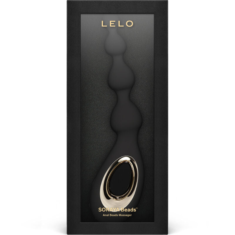 Boite du Soraya Beads de Lelo presentant le chapelet anal noir a perles en cascade, sextoy en silicone doux a technologie de pulsation et poignee a fenetre doree