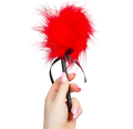 Plumeau tickler Secret Play en plumes rouges tenu en main par le manche noir a ruban, accessoire de caresse sensorielle pour eveiller la peau et pimenter les preliminaires.