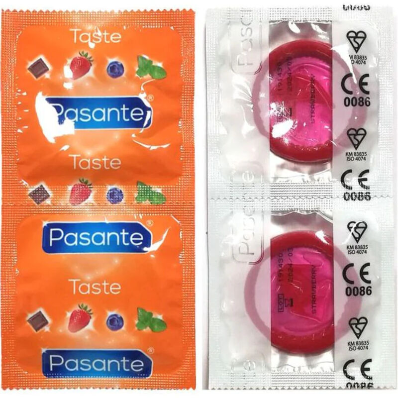 Plaquettes de sachets foils orange Pasante Taste aromatises fraise avec deux preservatifs deroules roses sur le cote, marquage CE visible sur fond blanc.