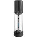 Pompe à pénis Max Boost noire de face, cylindre transparent gradué et tête à piston, embase à valve, présentation droite sur fond blanc.