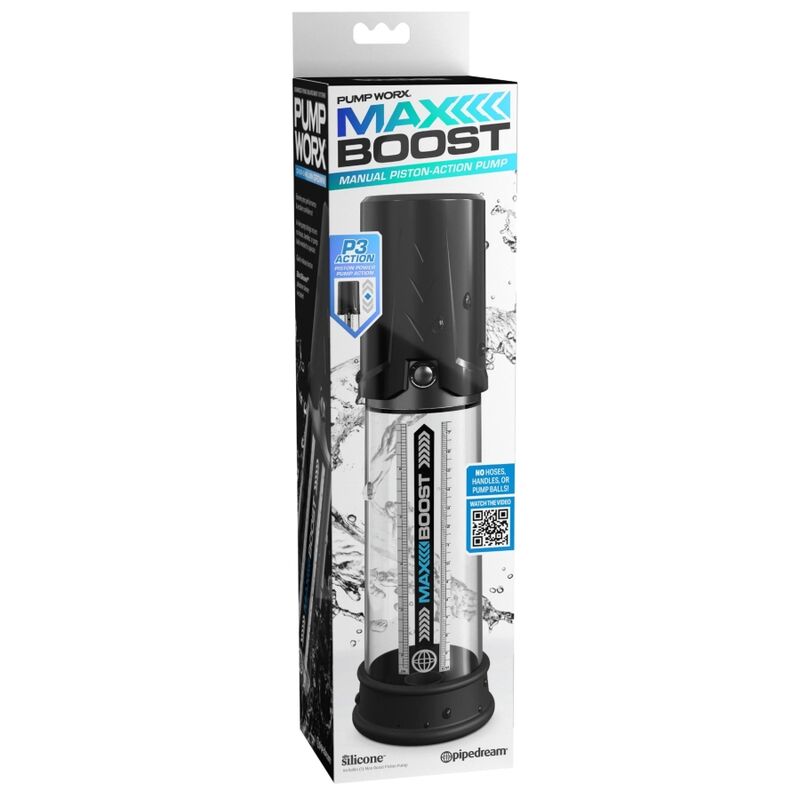 Boîte de la pompe à pénis Pump Worx Max Boost, packaging bleu et noir montrant le cylindre gradué et la mention pompe piston manuelle.