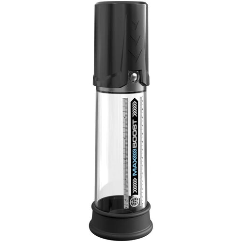 Pompe a penis rechargeable Max Boost a aspiration automatique, cylindre transparent gradue, embase ventouse noire et poignee moteur a la base, accessoire en ABS et silicone sans anatomie.