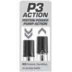 Schéma P3 Action de la pompe Max Boost illustrant le pompage piston par flèches, sans tuyaux ni poire, têtes noires sur cylindre gradué.