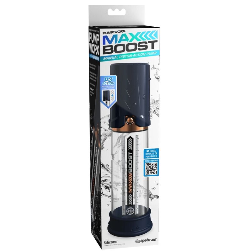 Boîte de la pompe à pénis Pump Worx Max Boost version bleue, packaging illustrant le cylindre gradué et le piston manuel sur fond graphique.