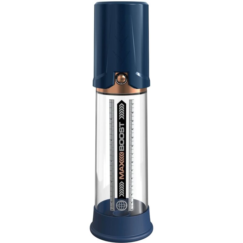 Pompe à pénis Max Boost bleu marine et cuivre de face, tube transparent gradué et tête piston, embase à valve, plan net sur fond blanc.