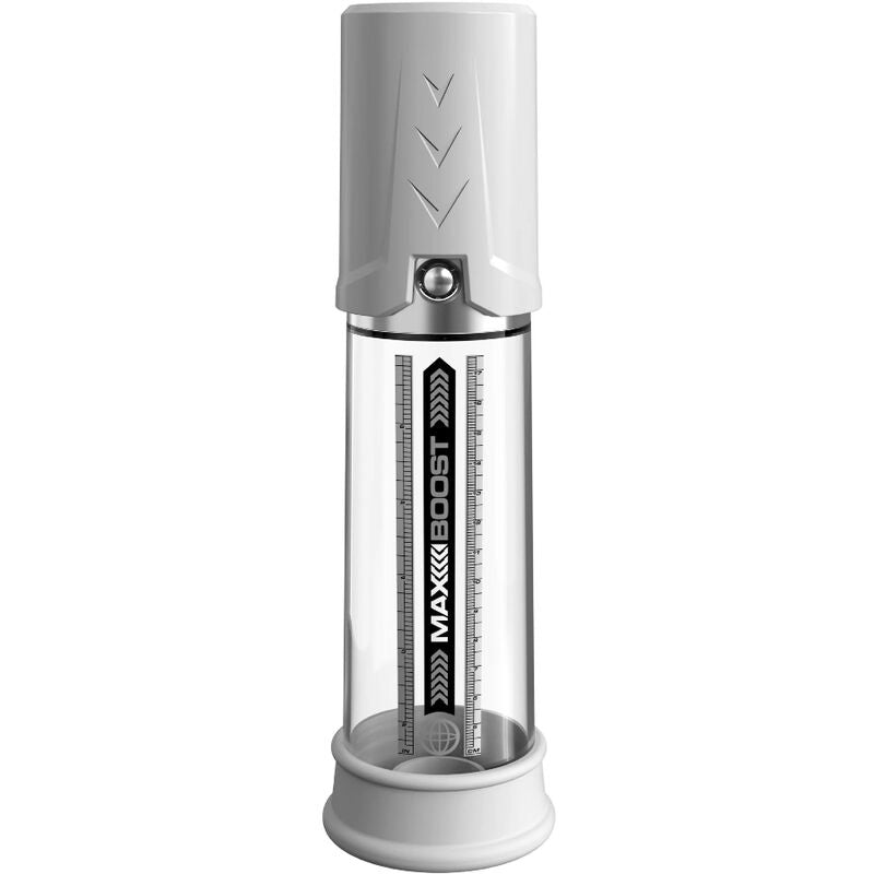 Pompe a penis Pump Worx Max Boost a piston, cylindre transparent gradue et poignee blanche, mecanisme manuel sans tuyau, photo verticale sur fond blanc.