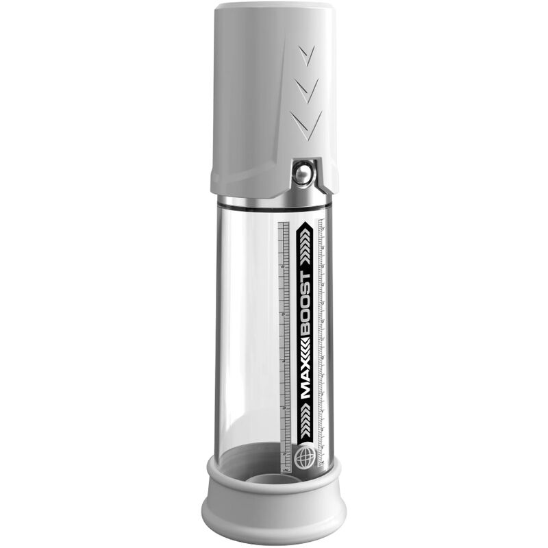 Pompe a penis Max Boost a action piston, tube transparent avec echelle de mesure et tete blanche profilee, vue verticale du dispositif sur fond blanc.
