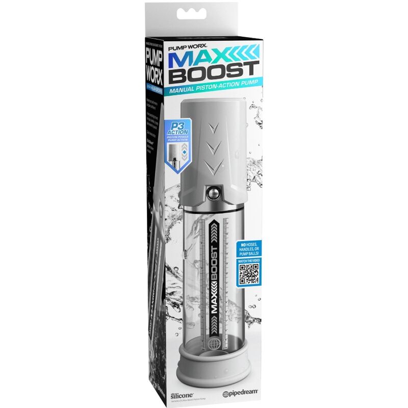 Boite Pump Worx Max Boost montrant la pompe a penis a piston manuel, cylindre transparent gradue, packaging Pipedream vertical sur fond blanc.