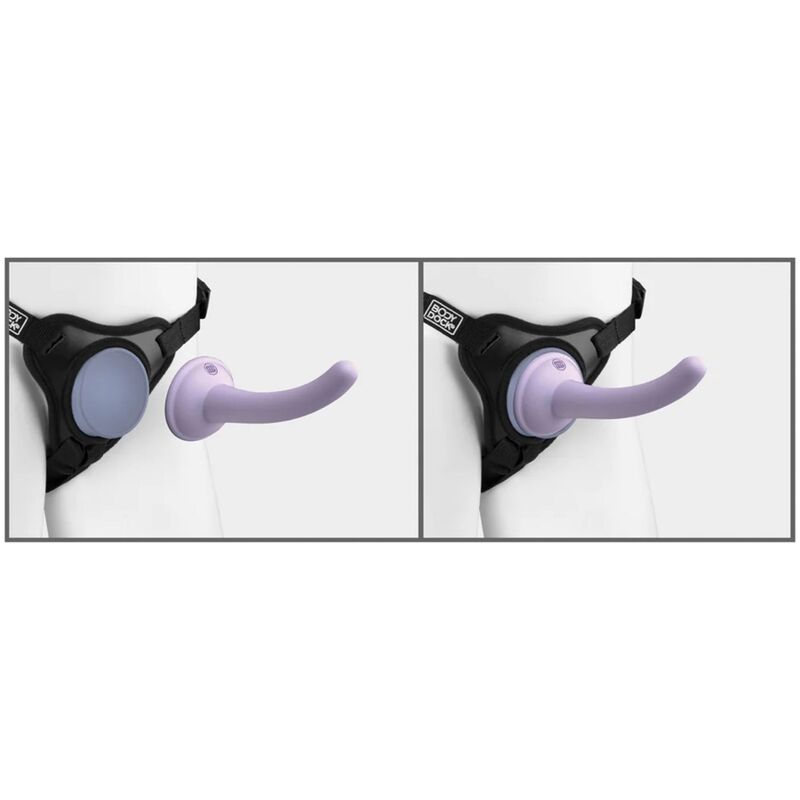 Harnais body dock avec gode silicone platine — vue de profil