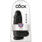 Boite King Cock Chubby montrant un gode realiste noir trapu avec testicules, badge fabrique aux USA, emballage Pipedream sur fond blanc.