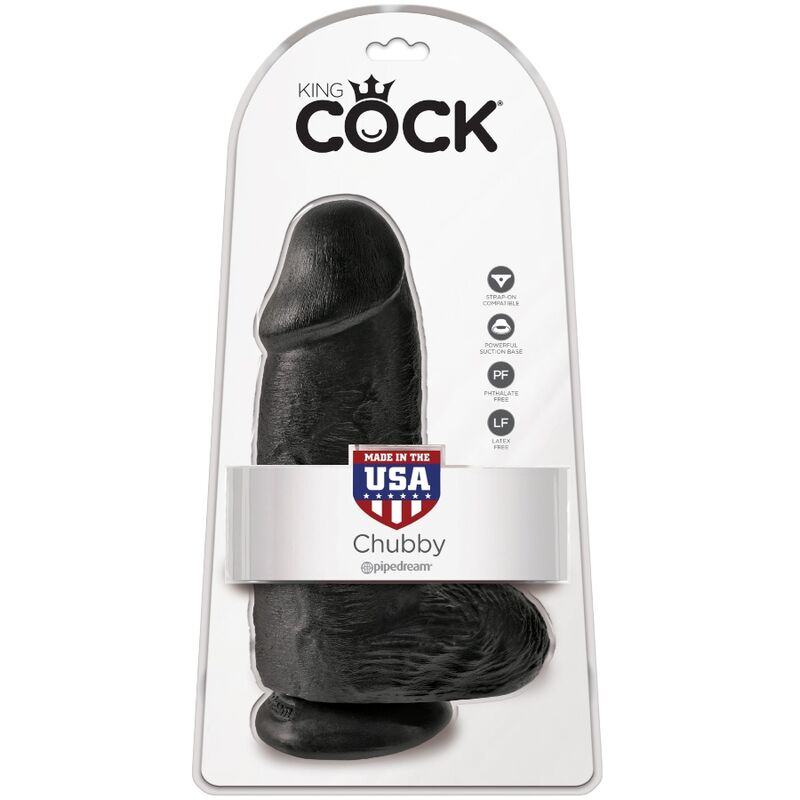 Boite King Cock Chubby montrant un gode realiste noir trapu avec testicules, badge fabrique aux USA, emballage Pipedream sur fond blanc.
