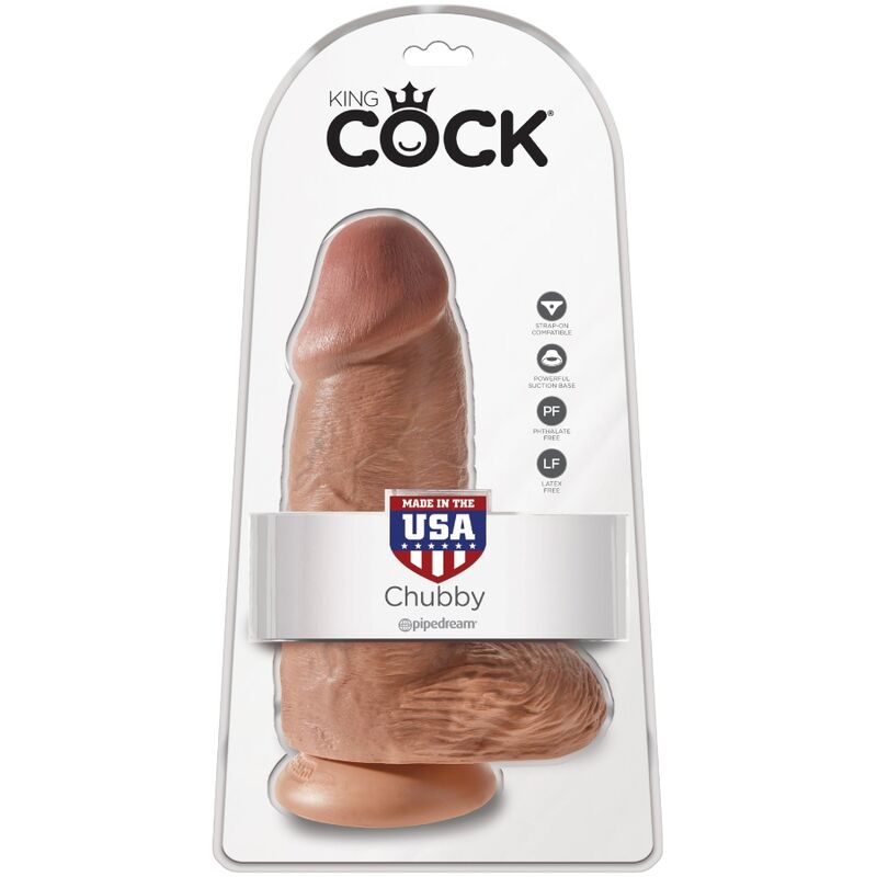 Boite King Cock Chubby montrant un gode realiste caramel trapu avec testicules, badge fabrique aux USA, emballage Pipedream sur fond blanc.