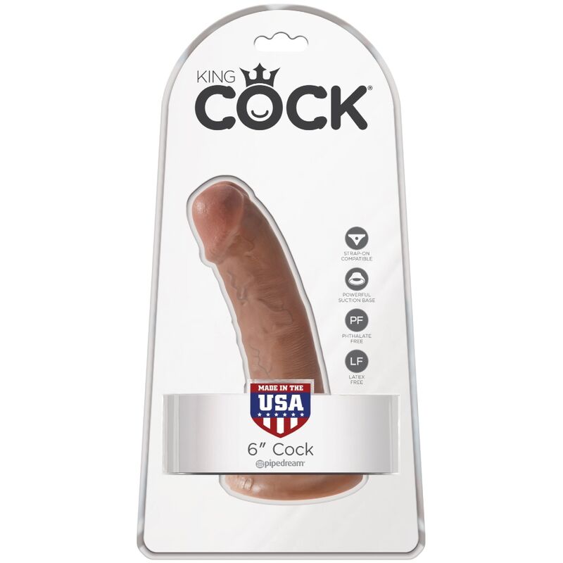 Boite King Cock 6 pouces Cock, blister illustrant le gode realiste a base ventouse teinte chair, mention Made in USA et logo Pipedream, sans testicules, effet peau, format moyen fait main.