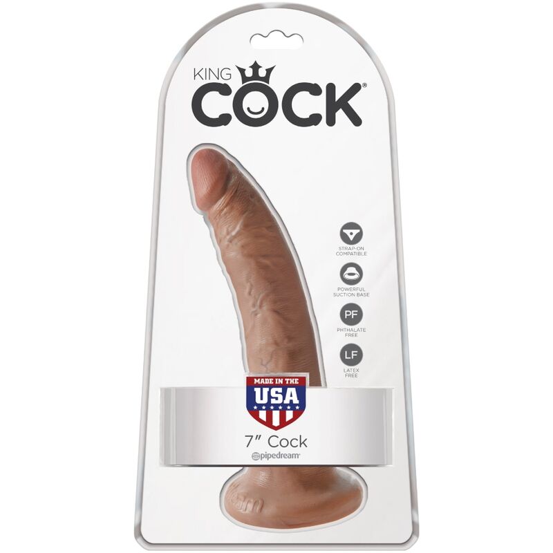 Boite King Cock 7 pouces Cock, blister presentant le gode realiste a base ventouse teinte chair, mention Made in USA et logo Pipedream, sans testicules, effet peau, format moyen fait main.