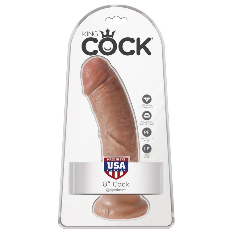 Boite King Cock 8 pouces montrant un gode realiste caramel veine, badge fabrique aux USA, emballage Pipedream vertical sur fond blanc.