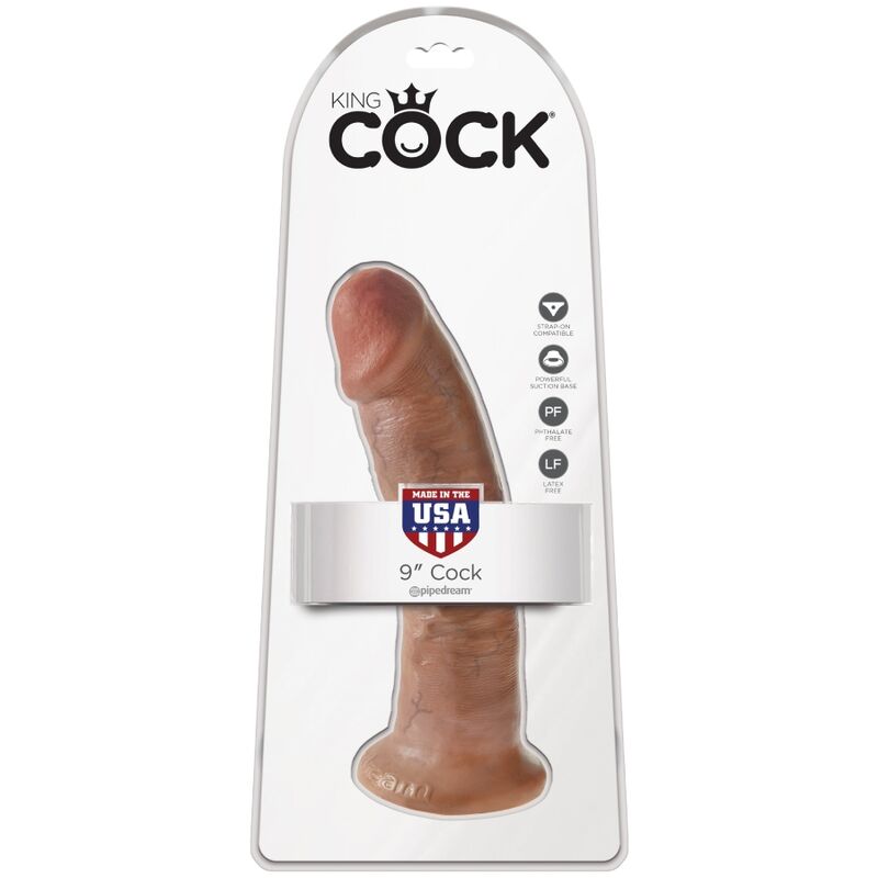 Boite King Cock 9 pouces Cock, blister presentant le grand gode realiste a base ventouse teinte chair, mention Made in USA et logo Pipedream, sans testicules, effet peau, modele fait main.
