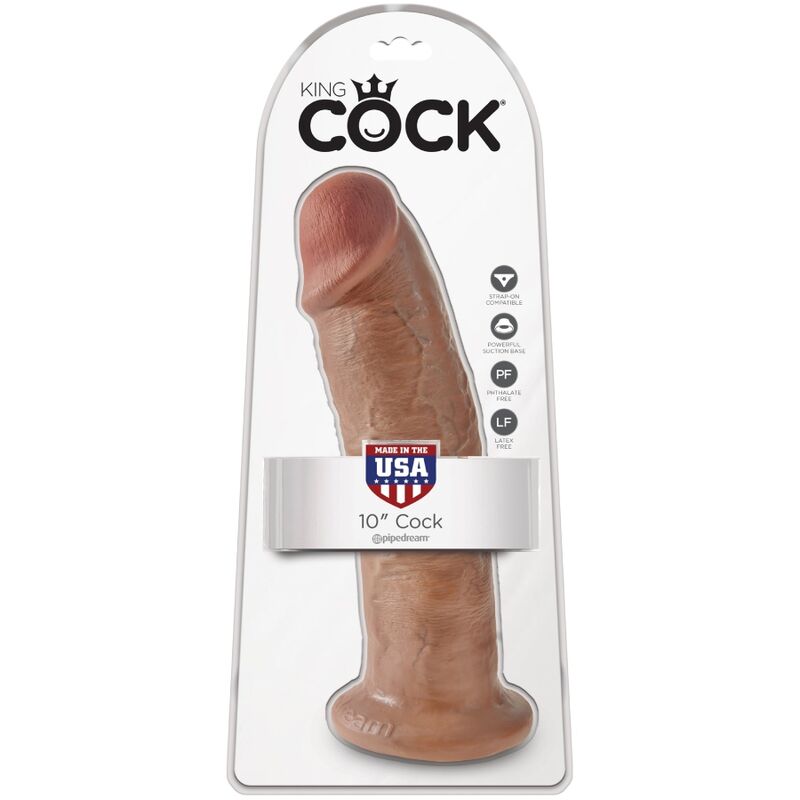 Boite King Cock 10 pouces Cock, blister presentant le grand gode realiste a base ventouse teinte chair, mention Made in USA et logo Pipedream, sans testicules, effet peau, modele fait main.