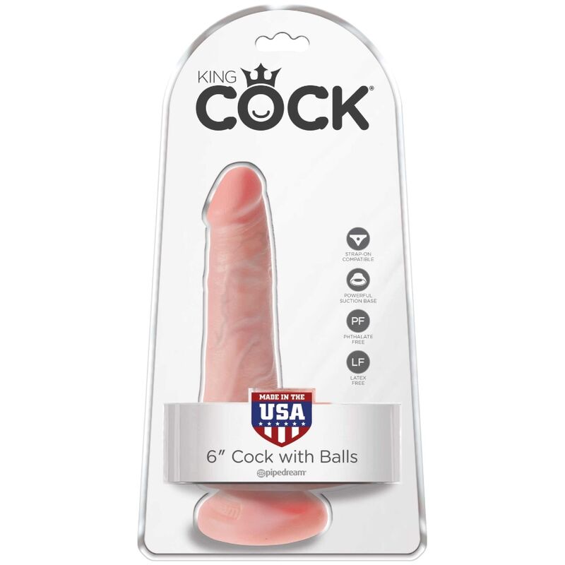Boite King Cock 6 pouces with Balls montrant un gode realiste chair avec testicules, badge fabrique aux USA, emballage Pipedream vertical sur fond blanc.