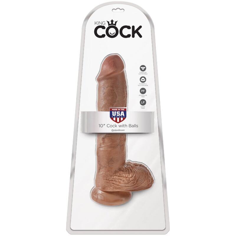 Boite King Cock 10 pouces Cock with Balls, blister presentant le grand gode realiste a testicules et veines marquees, mention Made in USA et logo Pipedream, teinte chair caramel imposante.