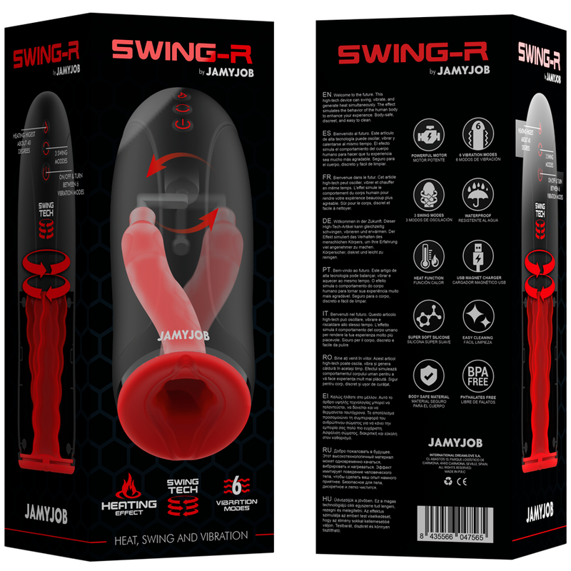 Emballage du Swing-R JAMYJOB, faces avant et arrière avec pictogrammes des caractéristiques