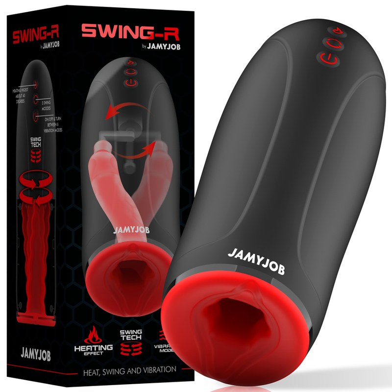 Masturbateur Swing-R JAMYJOB à côté de son emballage, mention chauffant et swing tech