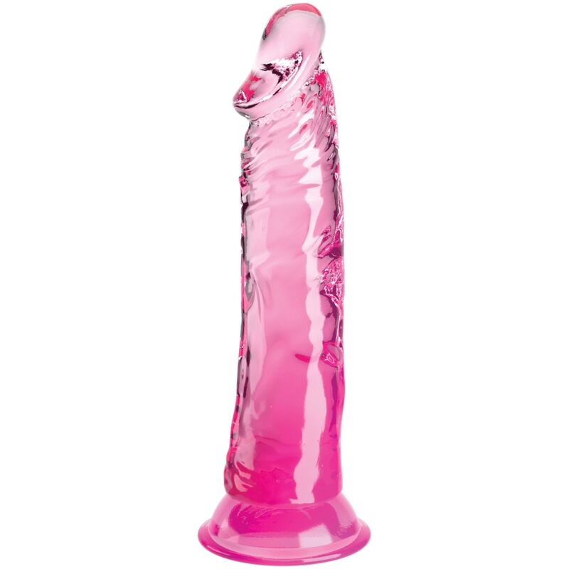 Gode realiste translucide rose King Cock Clear sans testicules, gland net et veines marquees dans le TPE transparent degrade, base ventouse arrondie, modele fait main, vue de profil elance.